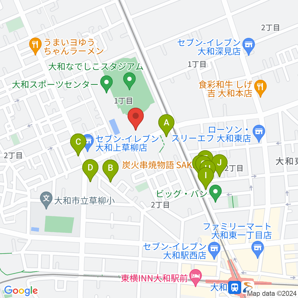 大和スポーツセンター体育会館周辺のファミレス・ファーストフード一覧地図