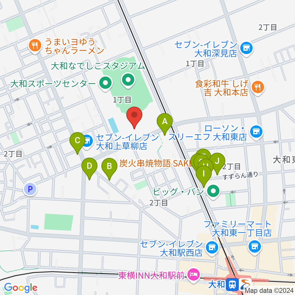 大和スポーツセンター体育会館周辺のファミレス・ファーストフード一覧地図