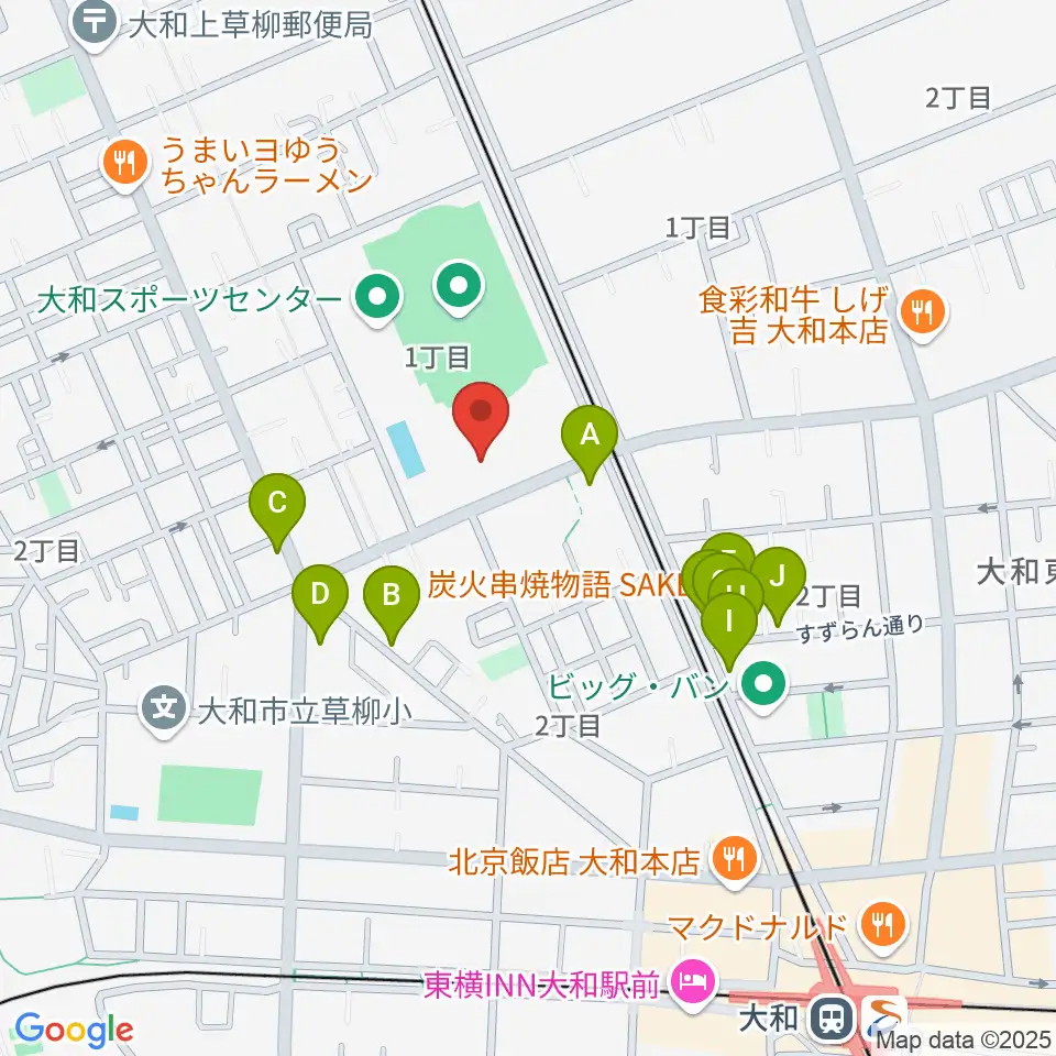大和スポーツセンター体育会館周辺のファミレス・ファーストフード一覧地図