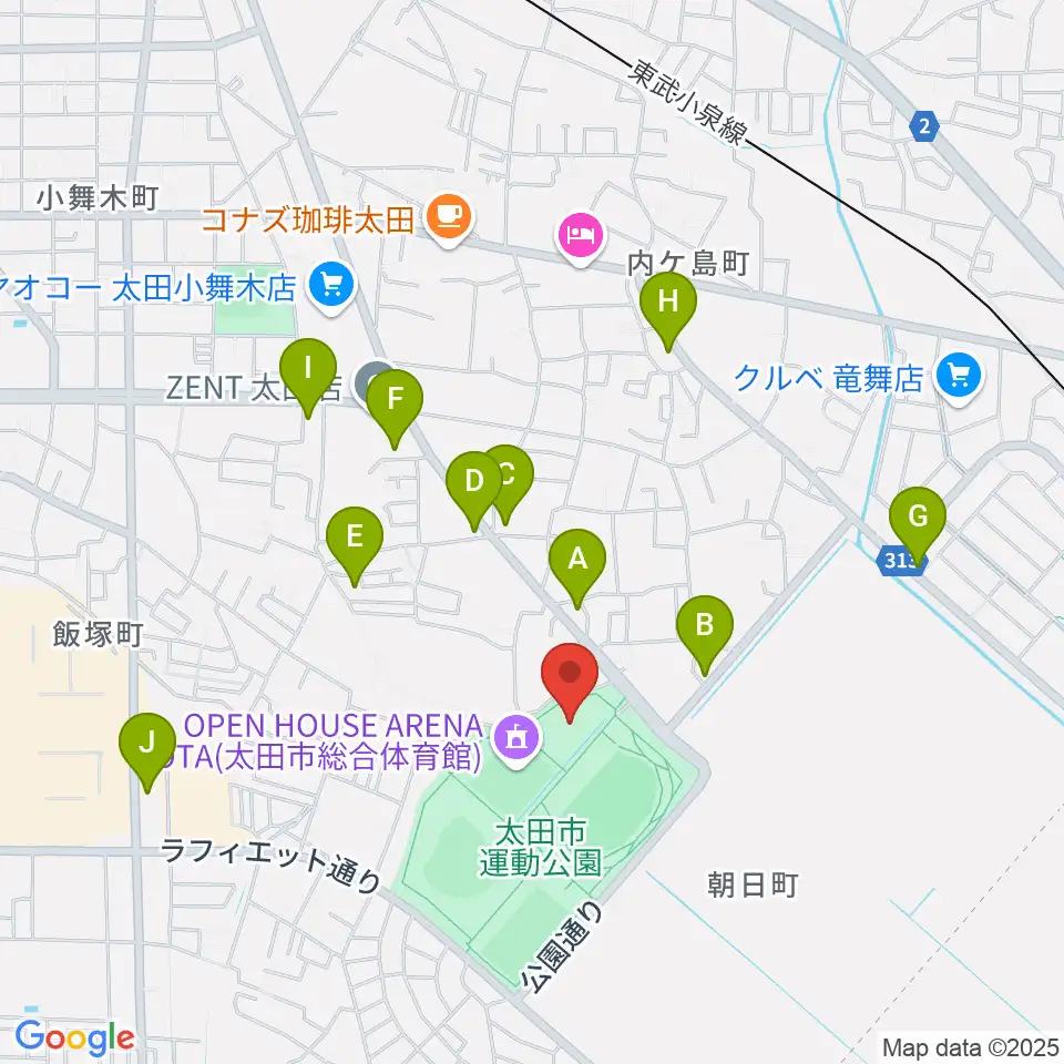 太田市運動公園市民体育館周辺のファミレス・ファーストフード一覧地図