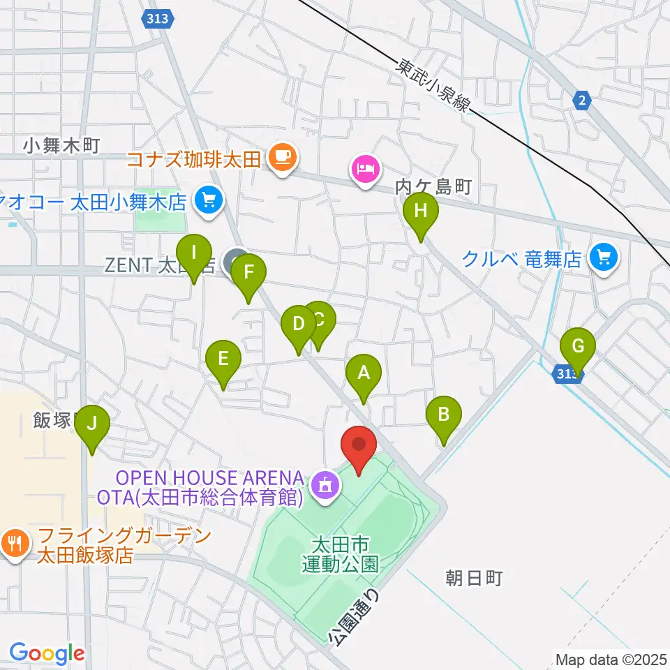 太田市運動公園市民体育館周辺のファミレス・ファーストフード一覧地図