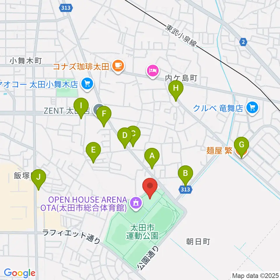 太田市運動公園市民体育館周辺のファミレス・ファーストフード一覧地図