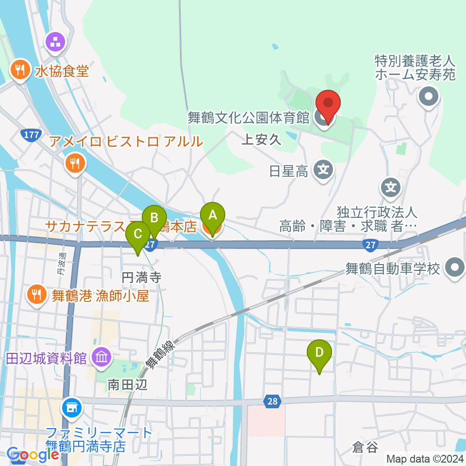 舞鶴文化公園体育館周辺のファミレス・ファーストフード一覧地図