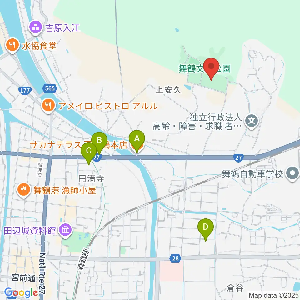 舞鶴文化公園体育館周辺のファミレス・ファーストフード一覧地図