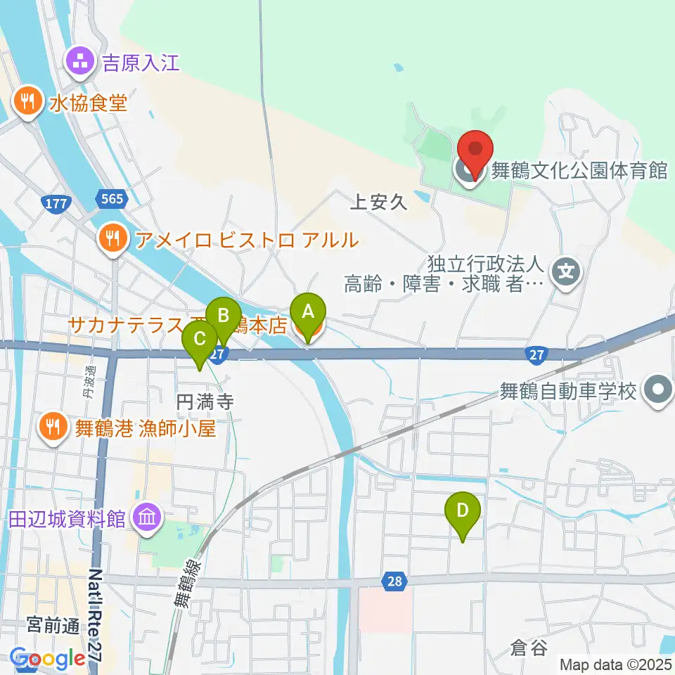 舞鶴文化公園体育館周辺のファミレス・ファーストフード一覧地図