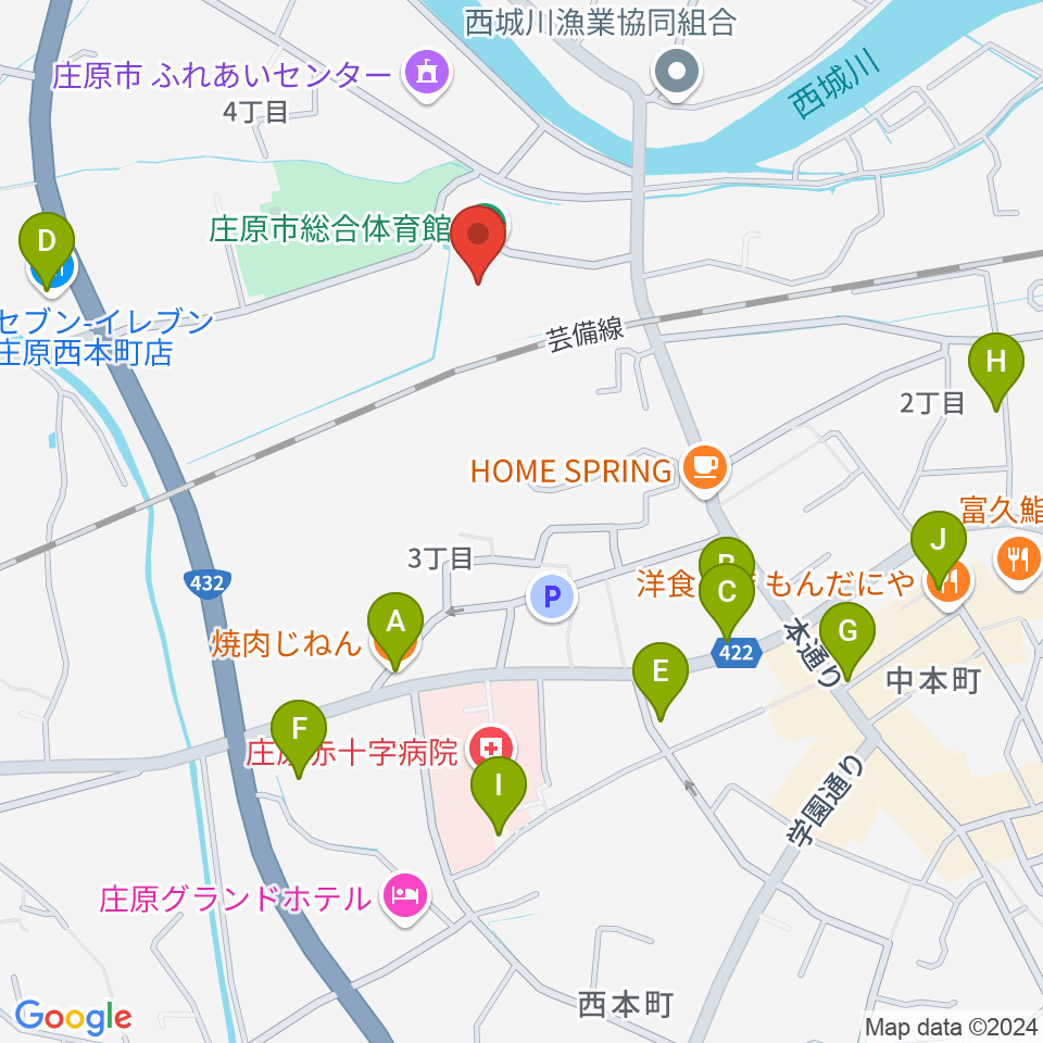 庄原市総合体育館周辺のファミレス・ファーストフード一覧地図