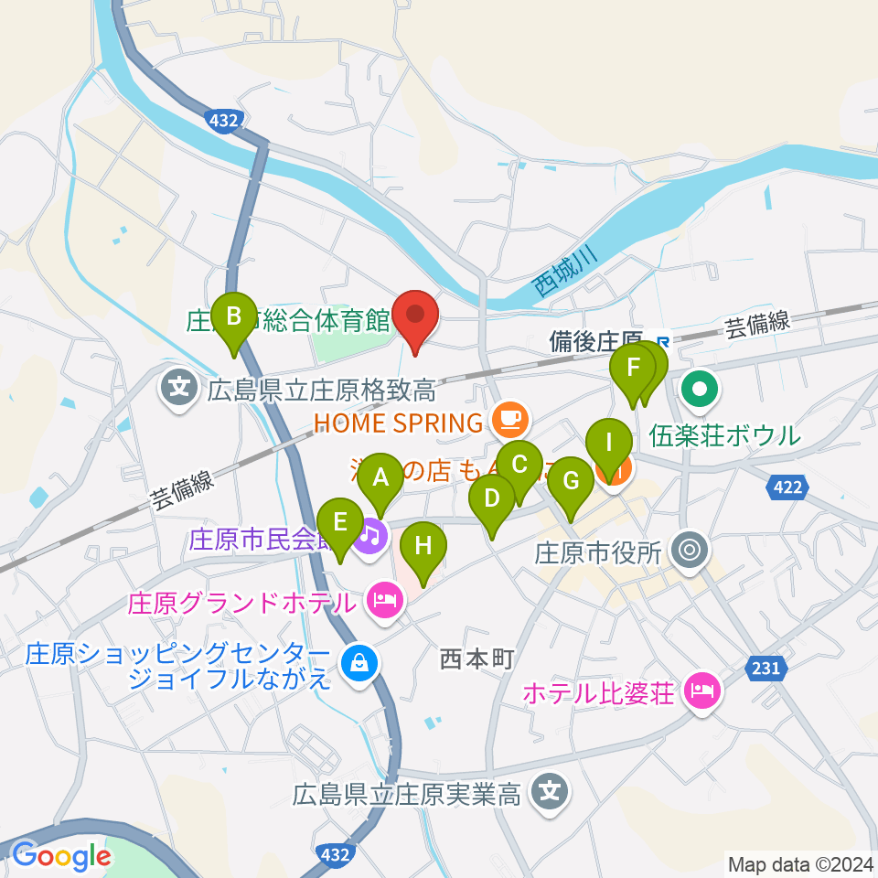 庄原市総合体育館周辺のファミレス・ファーストフード一覧地図