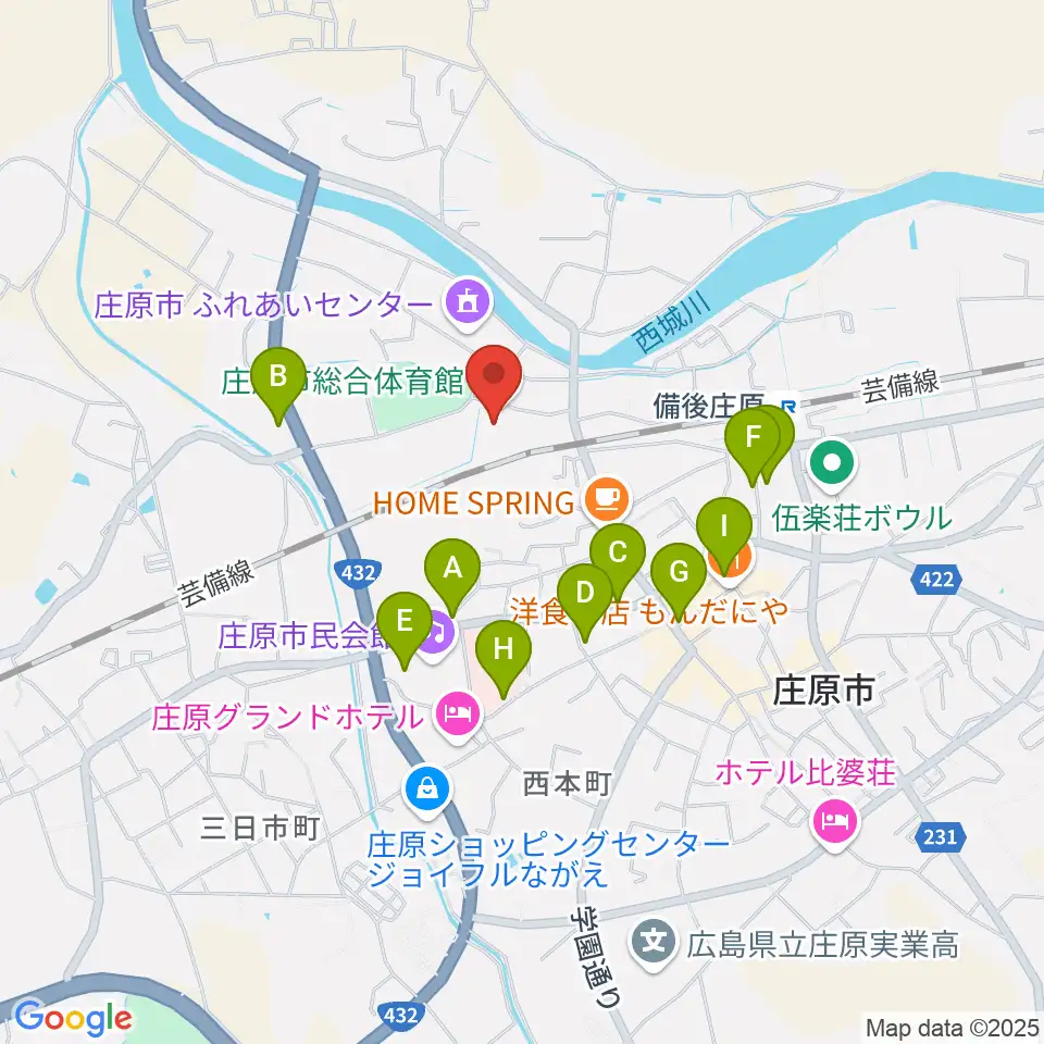 庄原市総合体育館周辺のファミレス・ファーストフード一覧地図