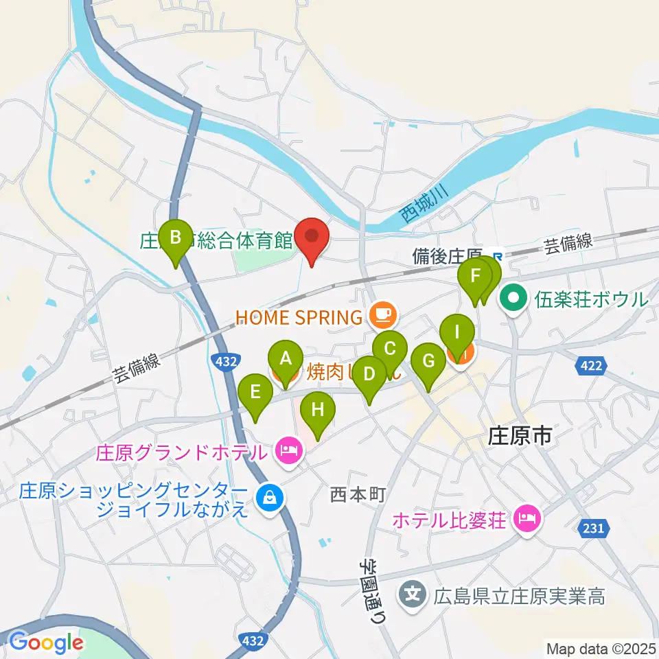 庄原市総合体育館周辺のファミレス・ファーストフード一覧地図