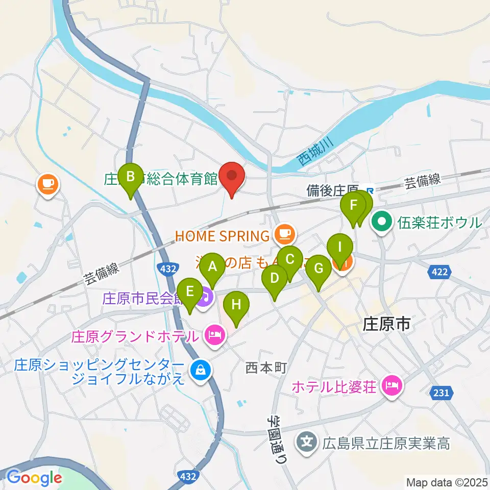 庄原市総合体育館周辺のファミレス・ファーストフード一覧地図