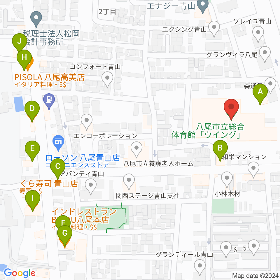 八尾市立総合体育館ウイング周辺のファミレス・ファーストフード一覧地図