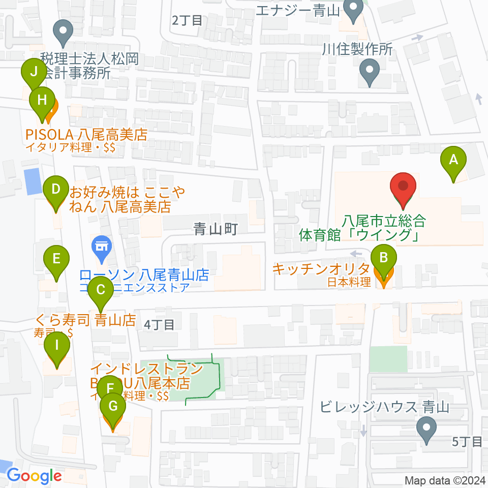 八尾市立総合体育館ウイング周辺のファミレス・ファーストフード一覧地図