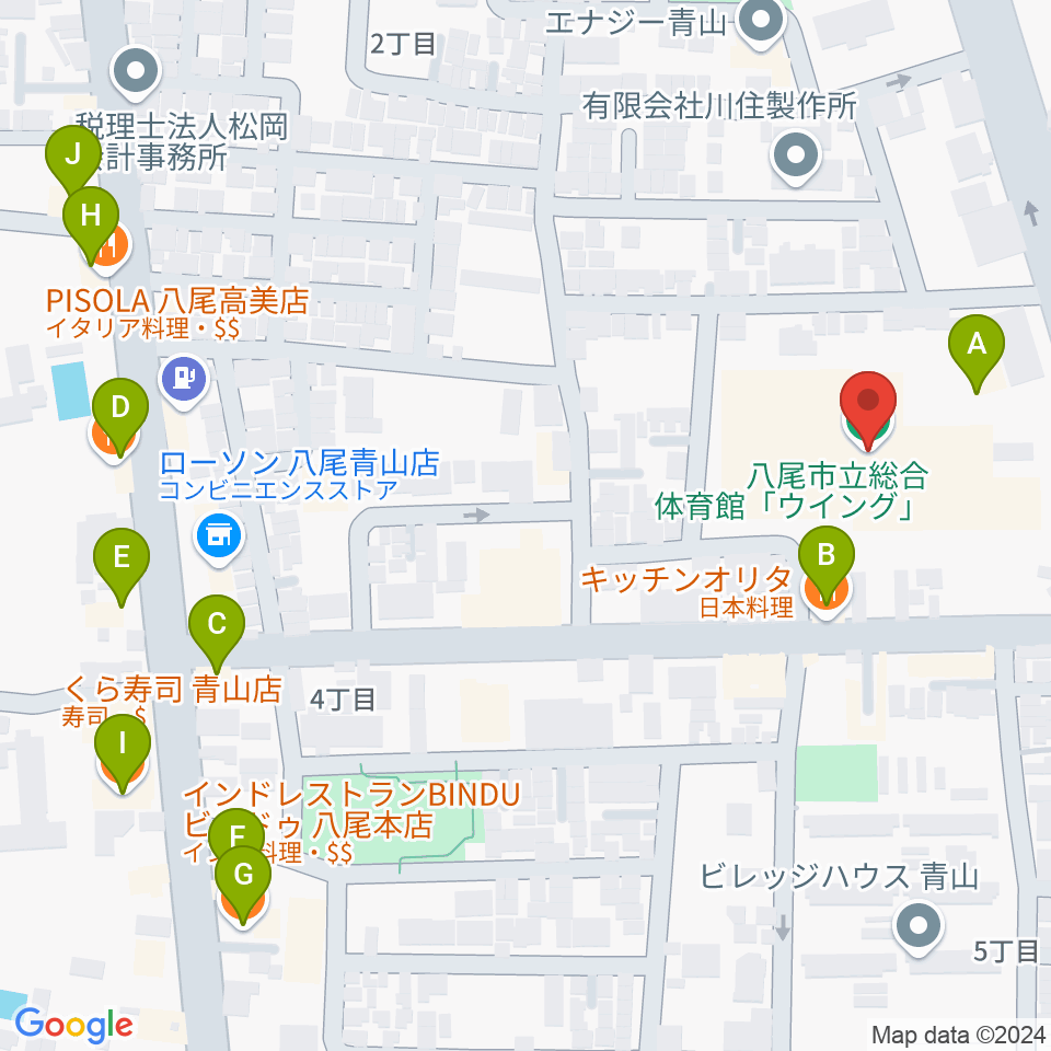 八尾市立総合体育館ウイング周辺のファミレス・ファーストフード一覧地図