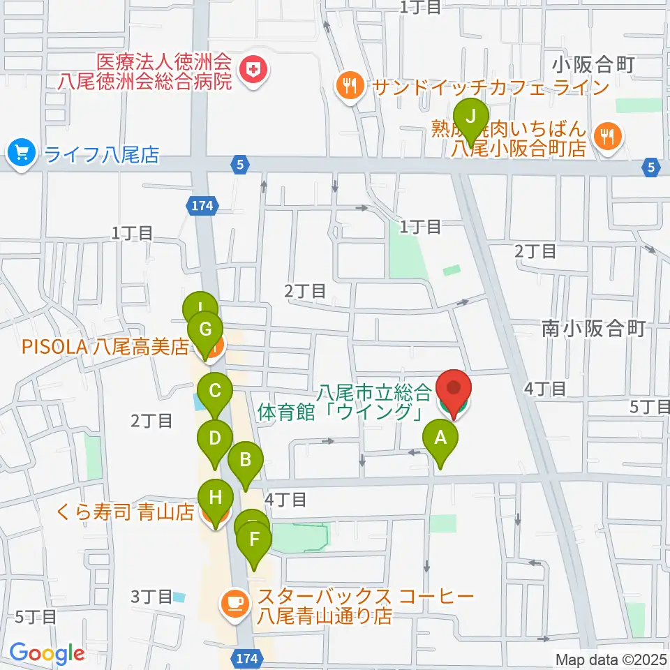 八尾市立総合体育館ウイング周辺のファミレス・ファーストフード一覧地図