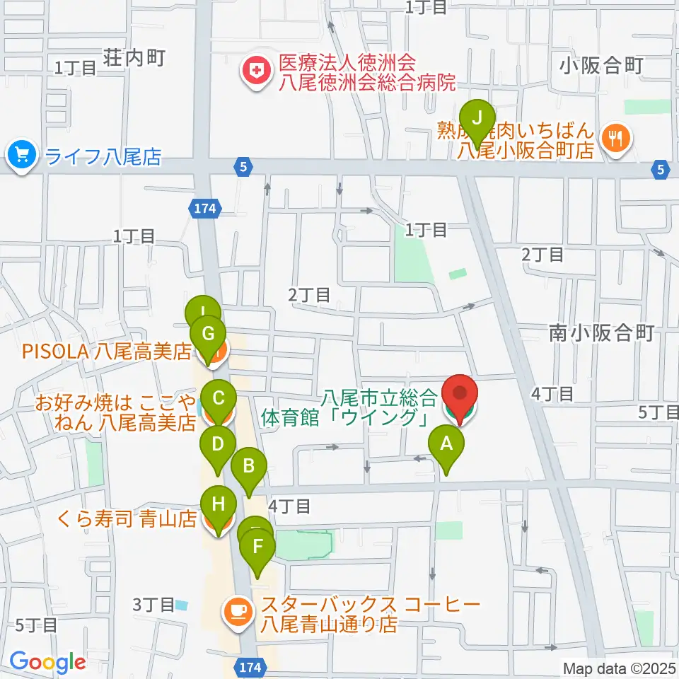 八尾市立総合体育館ウイング周辺のファミレス・ファーストフード一覧地図