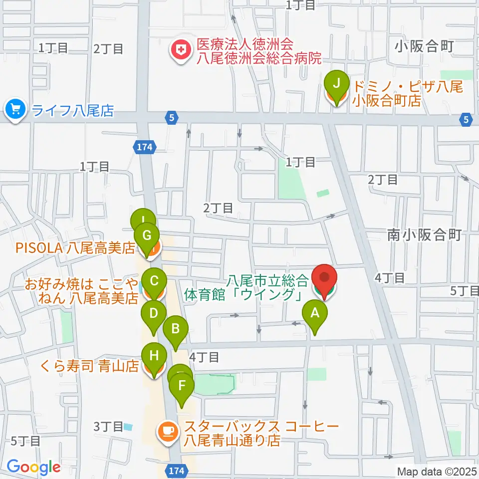 八尾市立総合体育館ウイング周辺のファミレス・ファーストフード一覧地図