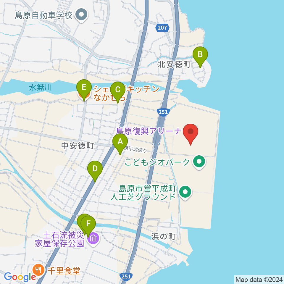 島原復興アリーナ周辺のファミレス・ファーストフード一覧地図