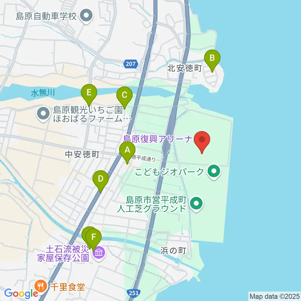 島原復興アリーナ周辺のファミレス・ファーストフード一覧地図