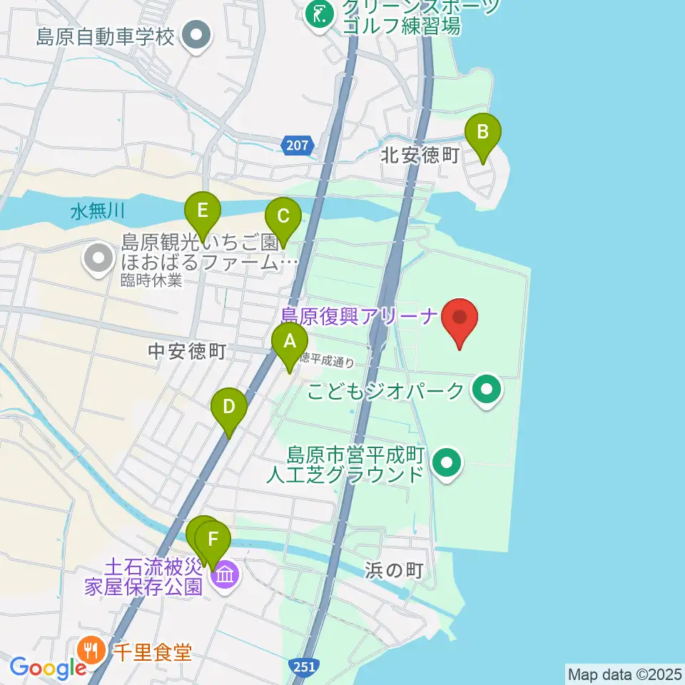 島原復興アリーナ周辺のファミレス・ファーストフード一覧地図