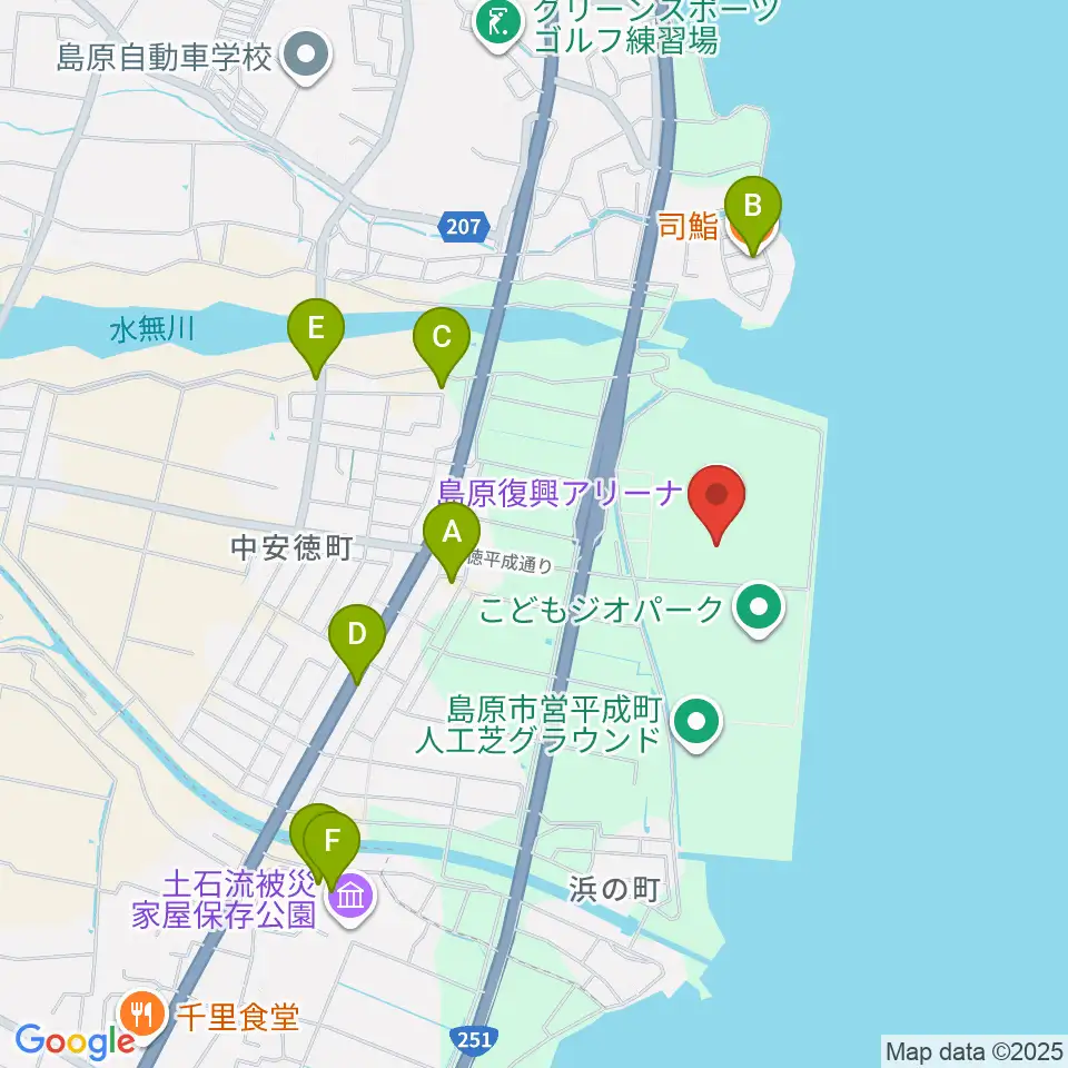 島原復興アリーナ周辺のファミレス・ファーストフード一覧地図