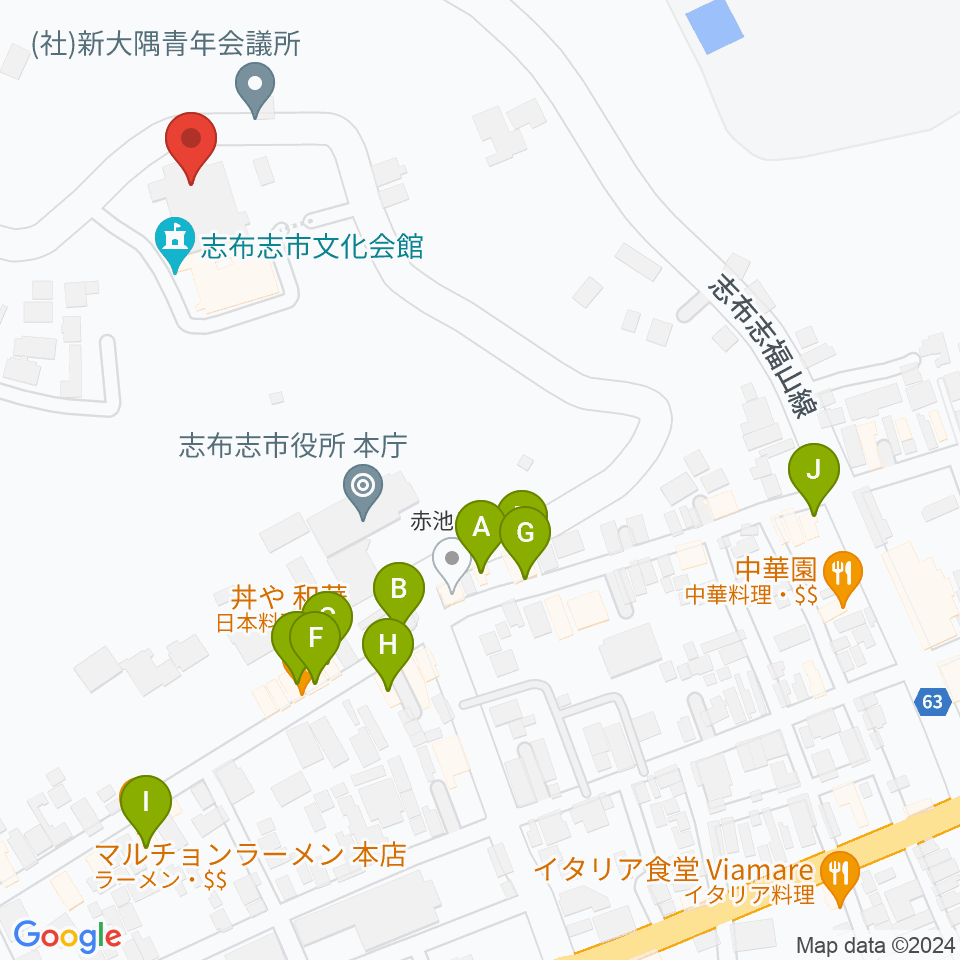 コミュニティセンター志布志市文化会館周辺のファミレス・ファーストフード一覧地図