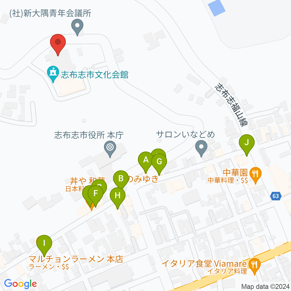 コミュニティセンター志布志市文化会館周辺のファミレス・ファーストフード一覧地図