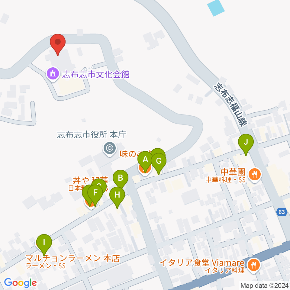 コミュニティセンター志布志市文化会館周辺のファミレス・ファーストフード一覧地図