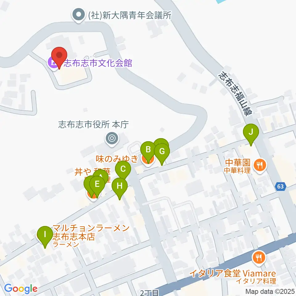 コミュニティセンター志布志市文化会館周辺のファミレス・ファーストフード一覧地図