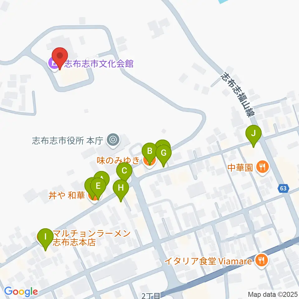 コミュニティセンター志布志市文化会館周辺のファミレス・ファーストフード一覧地図