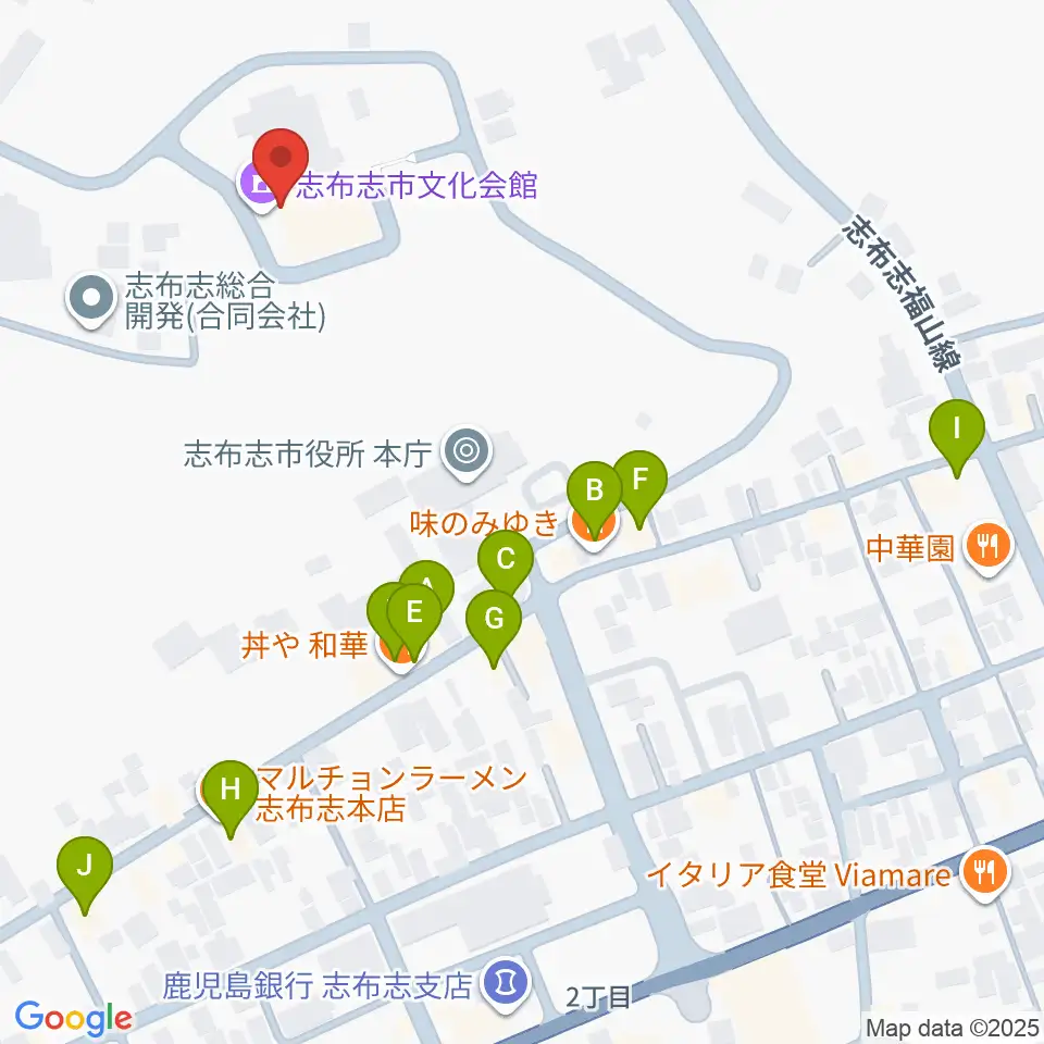 コミュニティセンター志布志市文化会館周辺のファミレス・ファーストフード一覧地図