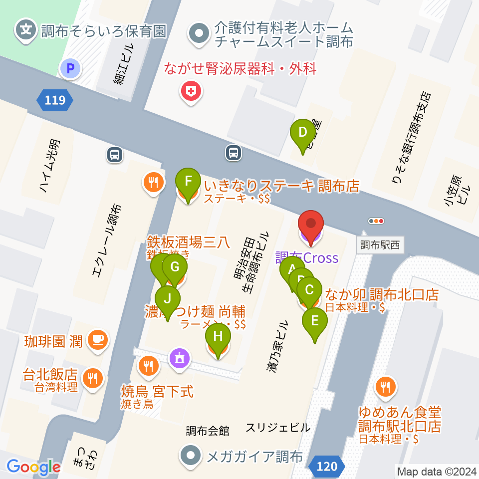 調布Cross周辺のファミレス・ファーストフード一覧地図