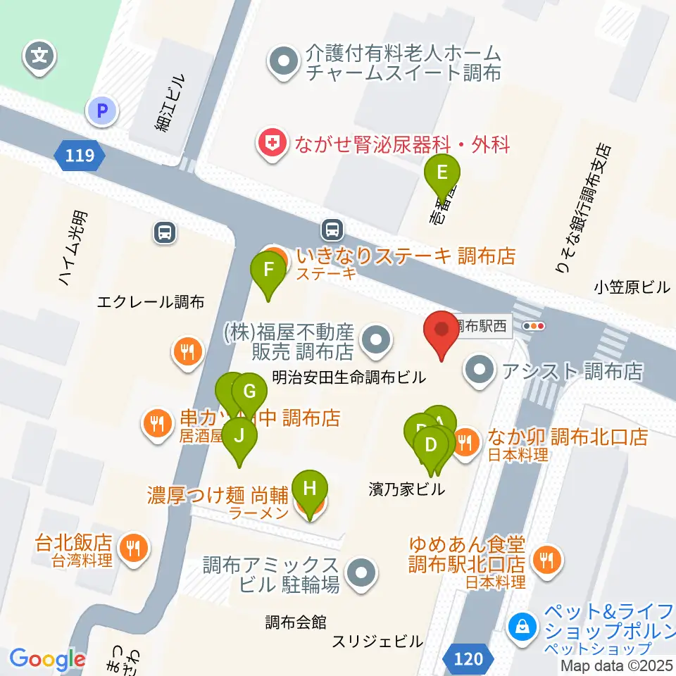 調布Cross周辺のファミレス・ファーストフード一覧地図