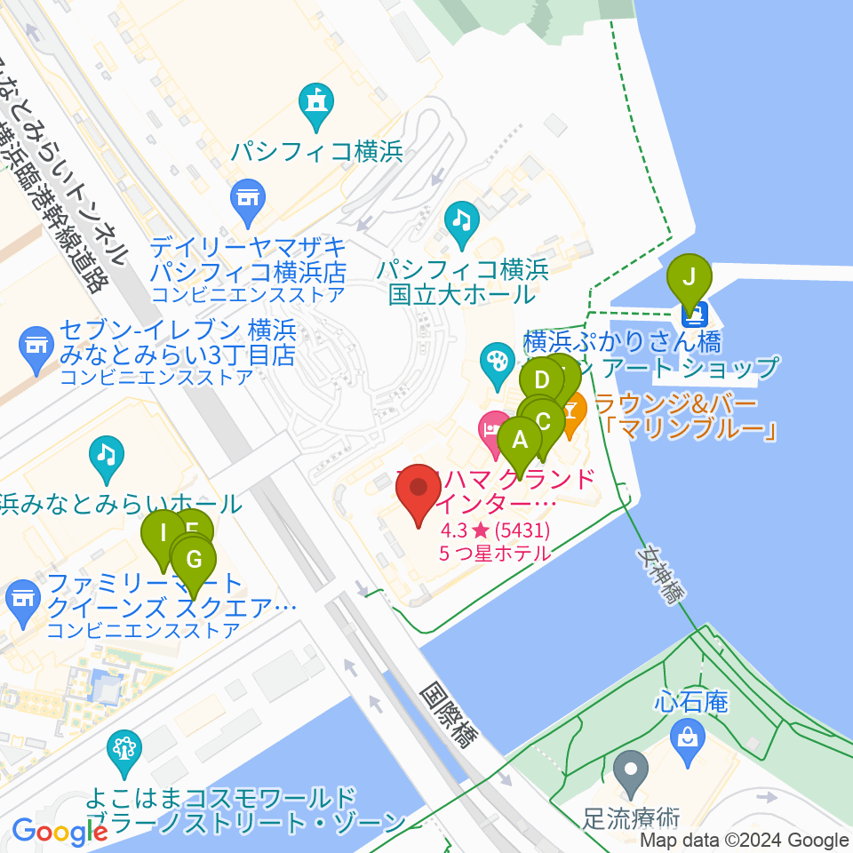 パシフィコ横浜 会議センター周辺のファミレス・ファーストフード一覧地図