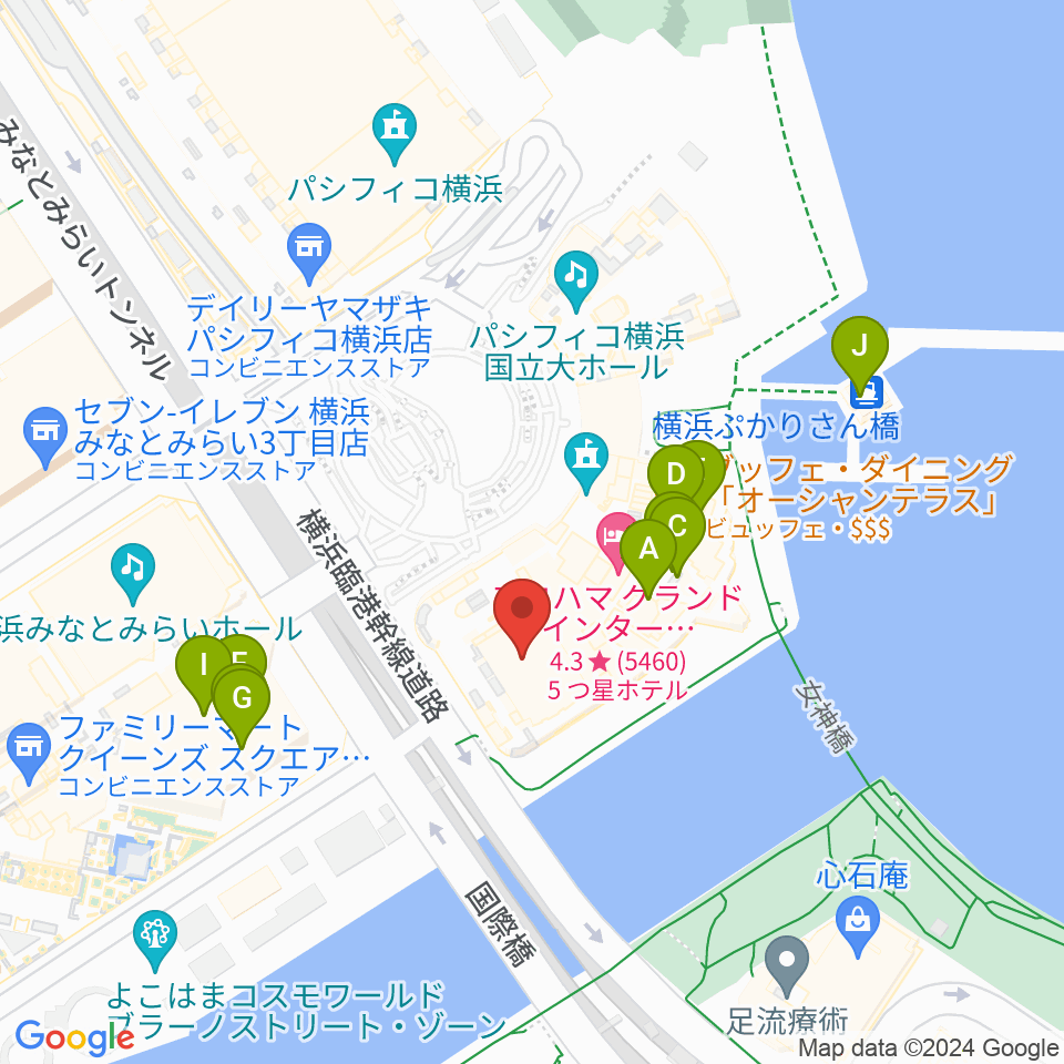 パシフィコ横浜 会議センター周辺のファミレス・ファーストフード一覧地図