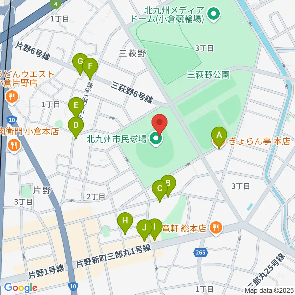 北九州市民球場周辺のファミレス・ファーストフード一覧地図