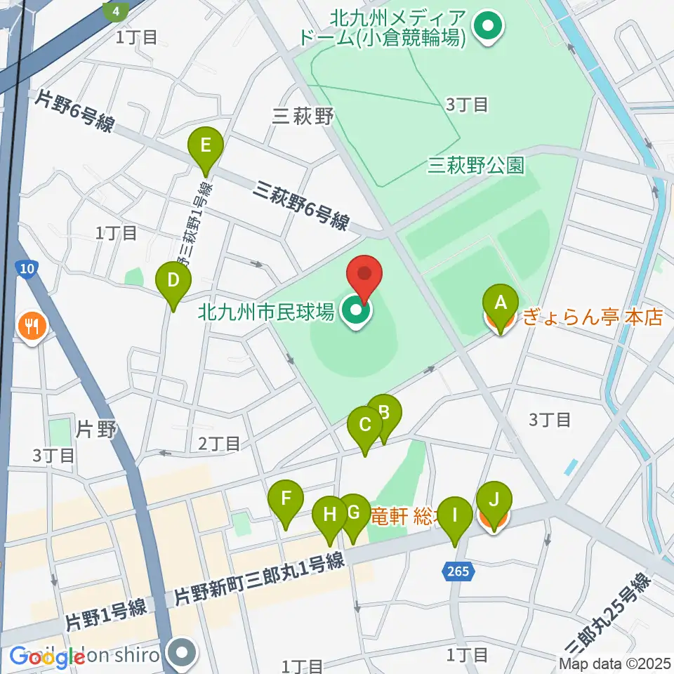 北九州市民球場周辺のファミレス・ファーストフード一覧地図
