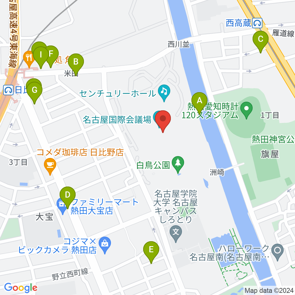 名古屋国際会議場イベントホール周辺のファミレス・ファーストフード一覧地図