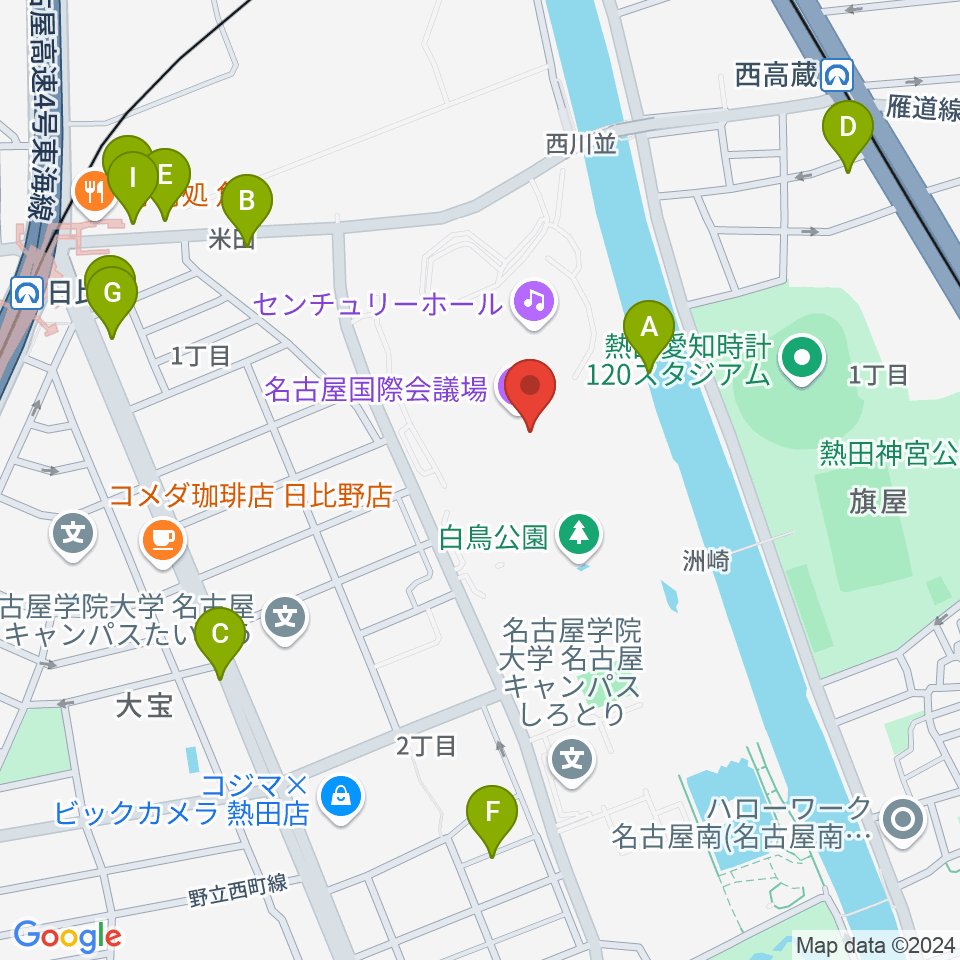 名古屋国際会議場イベントホール周辺のファミレス・ファーストフード一覧地図