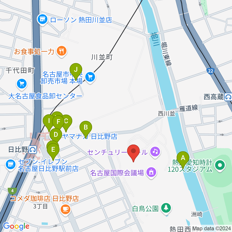 名古屋国際会議場イベントホール周辺のファミレス・ファーストフード一覧地図