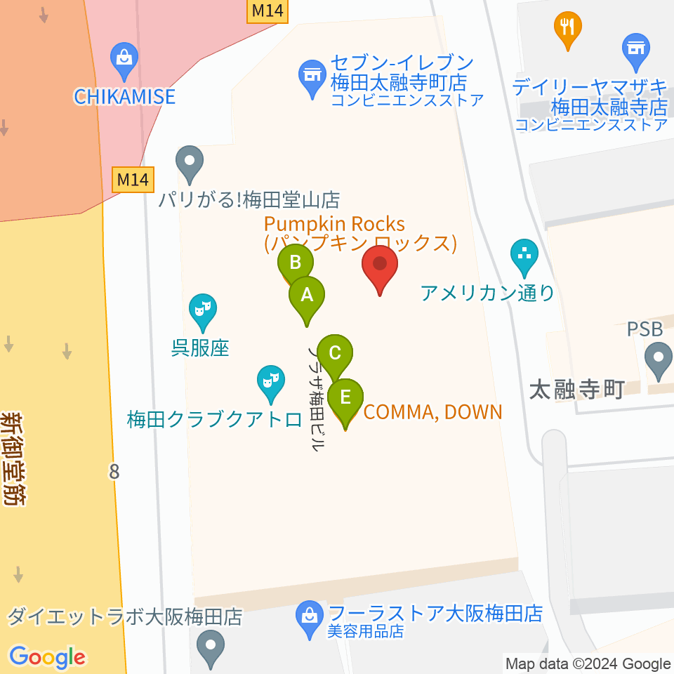 梅田呉服座周辺のファミレス・ファーストフード一覧地図