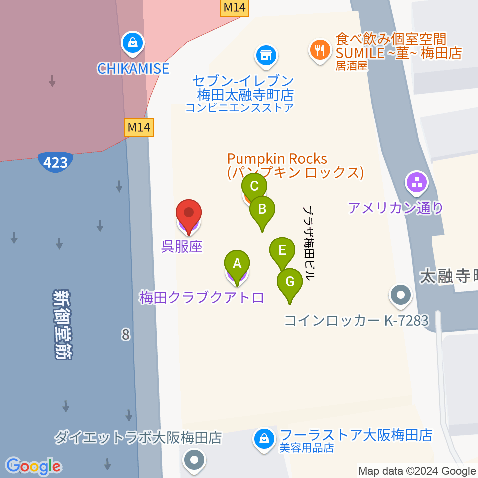 梅田呉服座周辺のファミレス・ファーストフード一覧地図