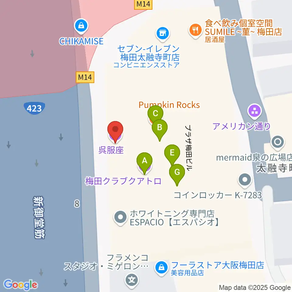 梅田呉服座周辺のファミレス・ファーストフード一覧地図