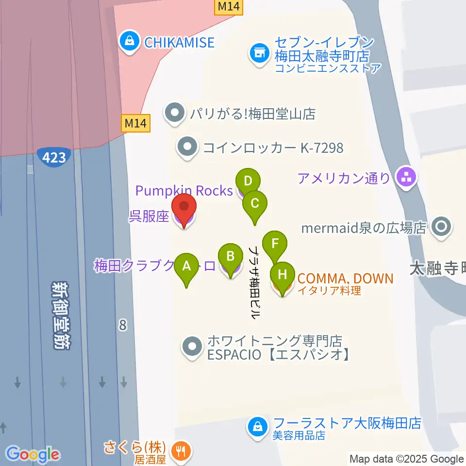 梅田呉服座周辺のファミレス・ファーストフード一覧地図