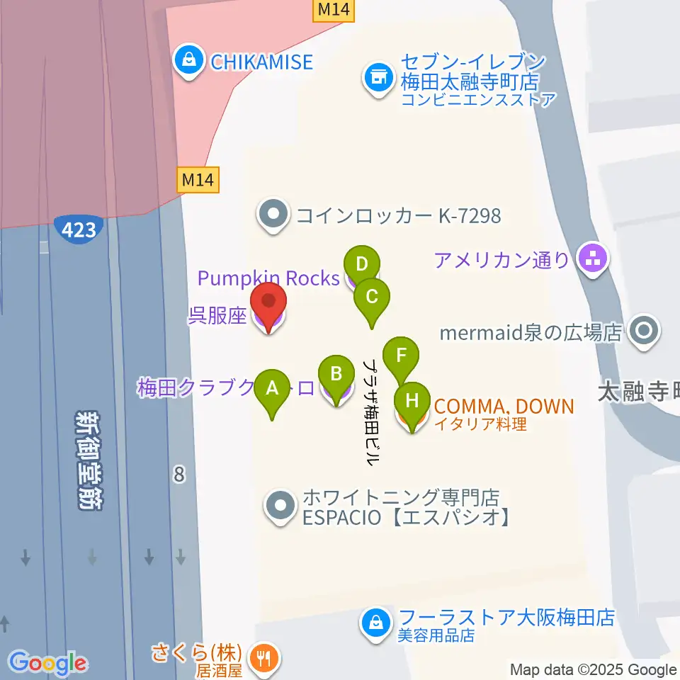 梅田呉服座周辺のファミレス・ファーストフード一覧地図