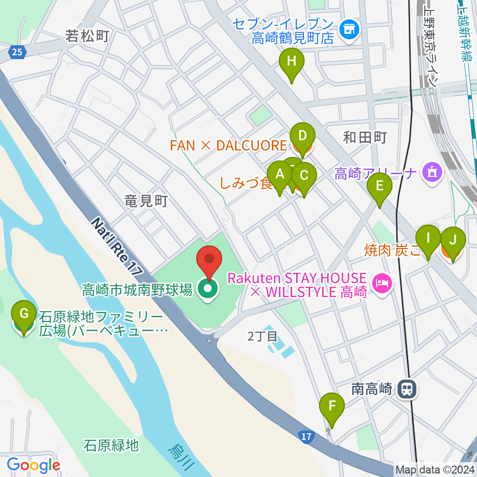 高崎市城南野球場周辺のファミレス・ファーストフード一覧地図