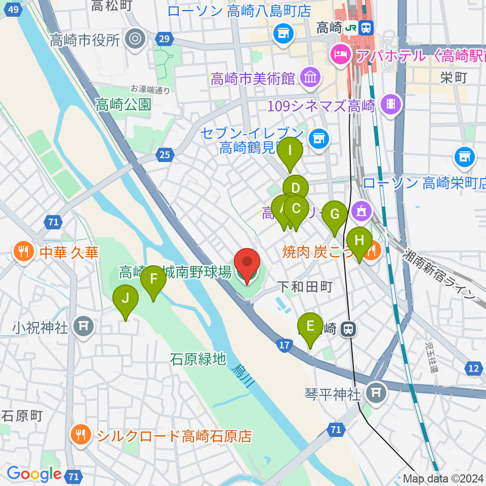 高崎市城南野球場周辺のファミレス・ファーストフード一覧地図