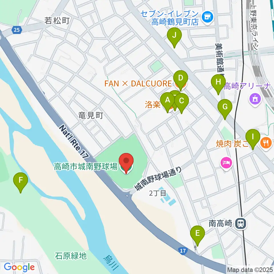 高崎市城南野球場周辺のファミレス・ファーストフード一覧地図