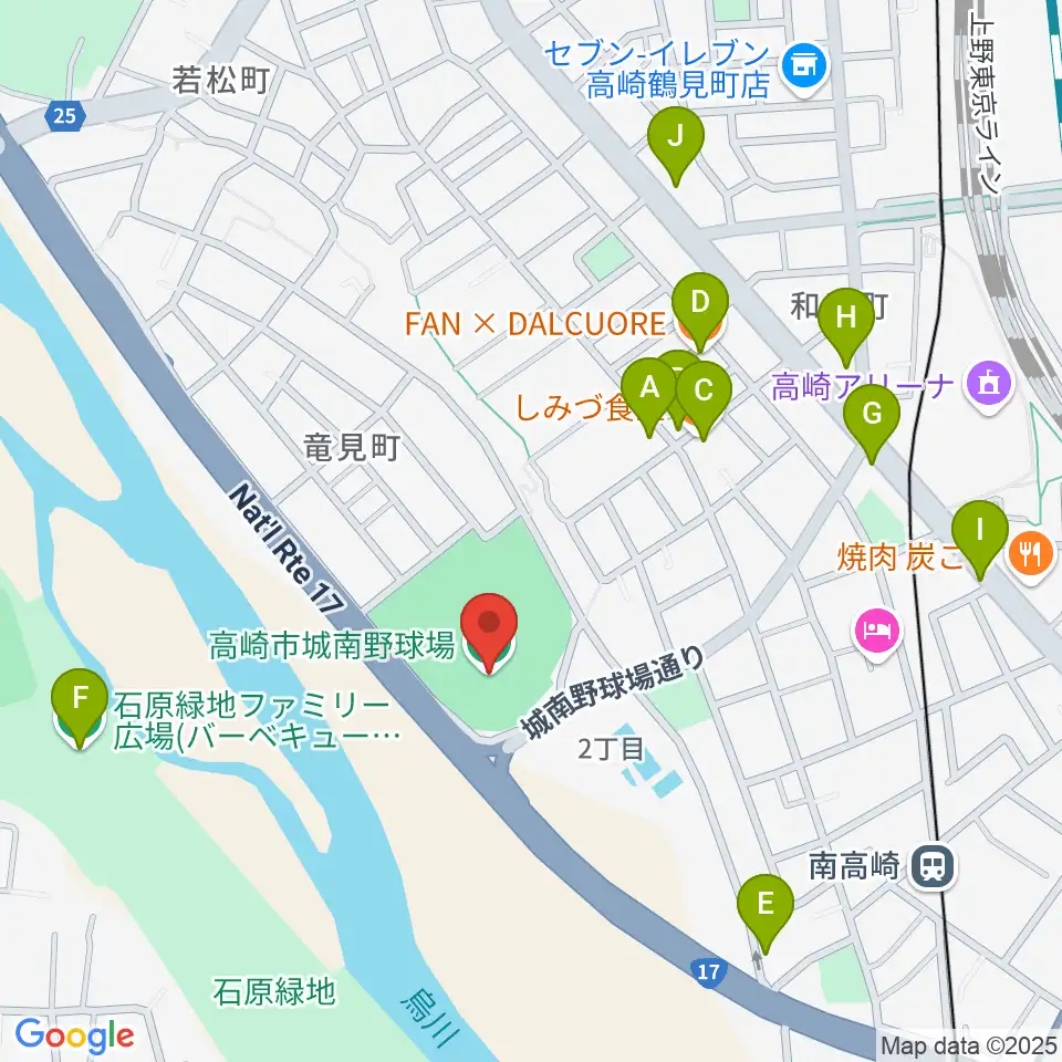 高崎市城南野球場周辺のファミレス・ファーストフード一覧地図