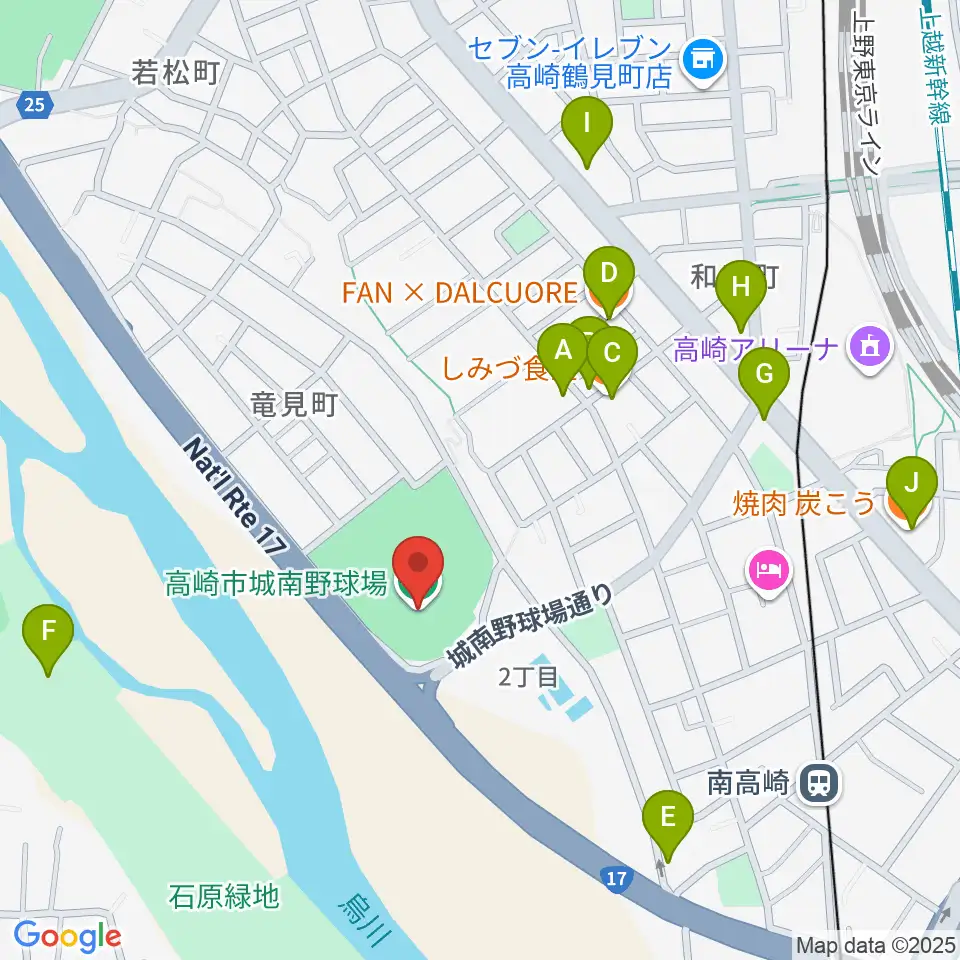 高崎市城南野球場周辺のファミレス・ファーストフード一覧地図