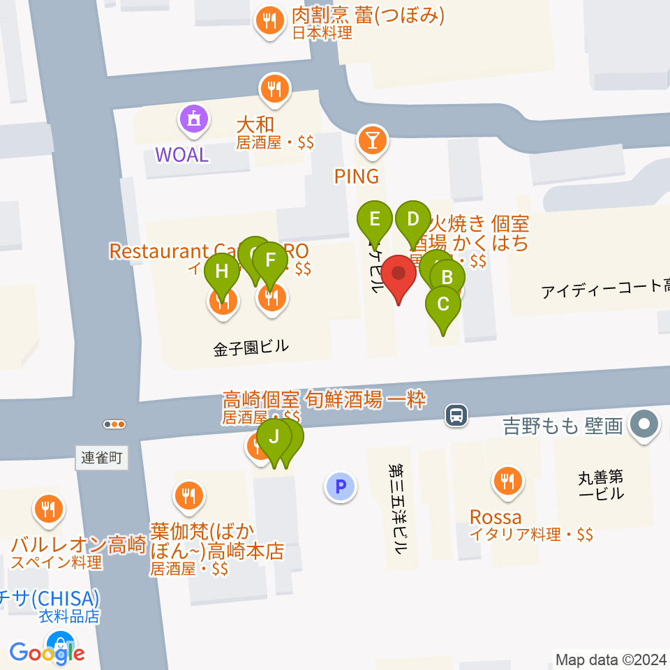 群馬SUNBURST周辺のファミレス・ファーストフード一覧地図